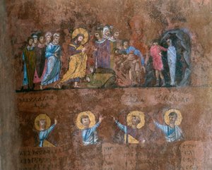 Detalle de un folio del Codex Purpureus Rossanensis, miniatura griega de evangelista en un scriptorium probablemente de Antioquía en Siria o Cesarea Palestina. Conservado en el Museo Diocesano de Rossano de Byzantine School